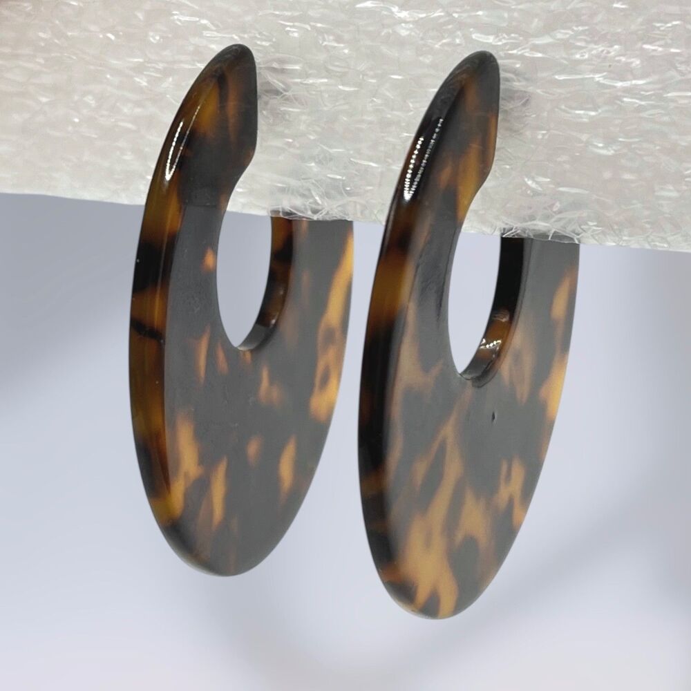 Tortoise Shell Print Acrylic Hoop Earrings Large Statement Boho Hippie Festival - Picture 3 of 7
